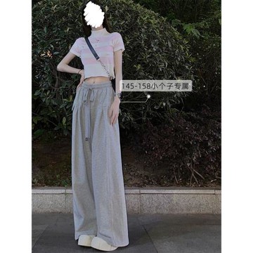 美式高街運動休閑褲女150小矮個子高腰直筒闊腿垂感xs顯高九分褲