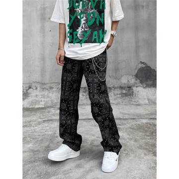 ins高街復古腰果花滿印牛仔褲男直筒寬松闊腿老爹褲炸街嘻哈長褲