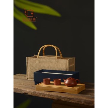 竹頂藍布桶便攜茶盒35*16便攜式竹旅行茶具套裝戶外儲水式茶盤盒