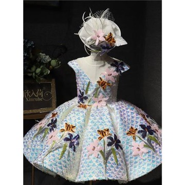 白色亮片六一元旦演出服女童中國風七彩百合花短款蓬蓬裙主持唱歌