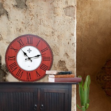 實木復古掛鐘-棕橘灰-羅馬數字-圓形-30cmX30cm-靜音