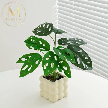 FLORAL M 仿真植物桌面30公分仙洞龜背竹高顏質人造綠植辦公桌書桌擺設不需澆水含花器