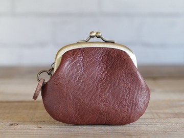 皮革口金零錢包 巧克力色