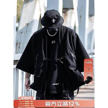 (免運)AOGZ三合扣抽繩道袍男女夏季薄款機能風工裝多口袋七分袖襯衫上衣