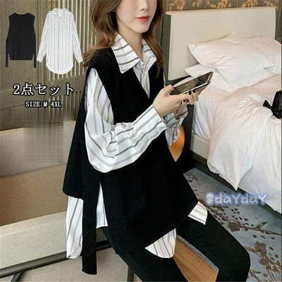 ブラウス シャツ ベスト レディース 長袖 Vネック 折り襟 レイヤード風 重ね着 ストライプ ニットベスト ニットソー 通販 Lineポイント最大get Lineショッピング