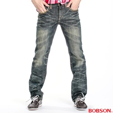 【BOBSON】男款立體貓鬚壓摺直筒褲(1747-52)