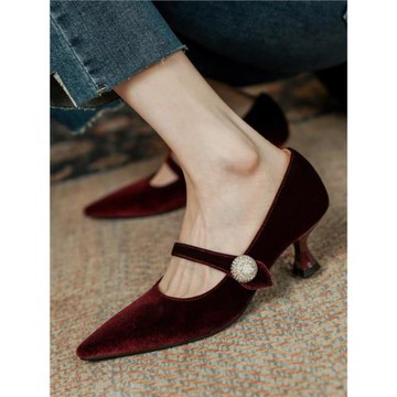 哚榪多法式優雅高跟尖頭單鞋女婚鞋中跟細跟瑪麗珍鞋金絲絨酒紅色