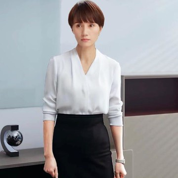 袁泉同款早春白色襯衣女仿真絲緞面醋酸氣質正裝職業V領襯衫上衣