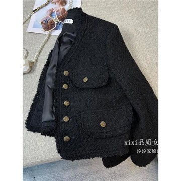 黑色小香風外套女2025春秋新款高級感法式輕奢別致V領羊毛短上衣