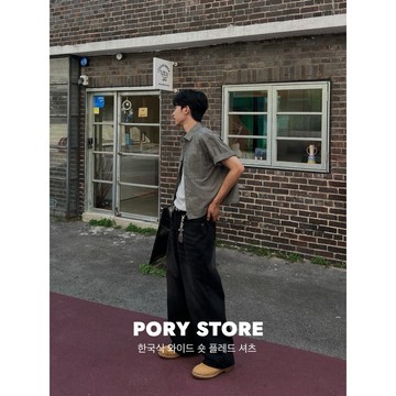 【PORY STORE】 韓國 Boxy寬短 格紋襯衫 實拍 復古 短版襯衫 抗皺 滑面 clean fit 上衣