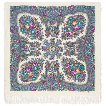 Pavlovo Posad 俄羅斯羊毛絲巾 100% 羊毛 125x125 公分 絲綢流蘇 1954-0