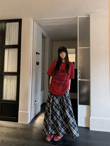 【missy shop】開運紅寬鬆T恤格紋長裙套裝-87408