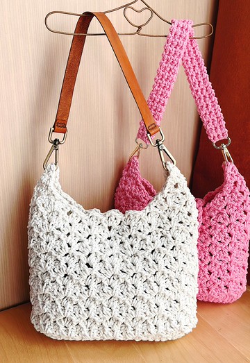 鏤空感純棉手工鉤織 側揹斜揹2用包 附植鞣真皮手把