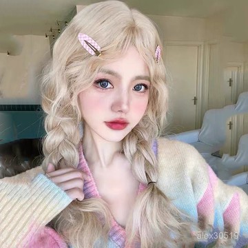 假毛女長髮夏自然玉米燙網紅空氣劉海長捲髮奶茶金羊毛捲全頭套式