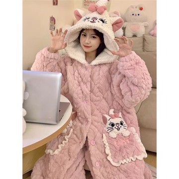 三層夾棉睡袍冬季加絨加厚2023年新款珊瑚絨卡通睡衣女家居服套裝