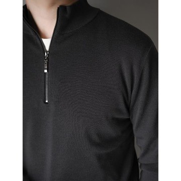 可機洗精紡16針全羊毛半拉鏈半高領黑色毛衣針織衫輕熟風男士外套