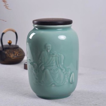 龍泉青瓷大號茶葉罐密封罐陶瓷茶具天青釉家用木蓋罐大碼封口收納