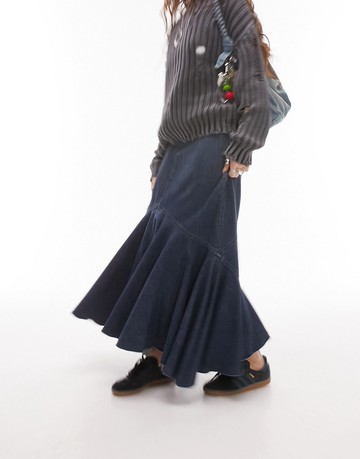 Topshop cut about denim midi skirt in dirty blue