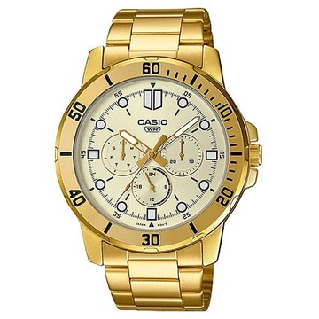 【CASIO 卡西歐】指針錶 三眼 不鏽鋼錶帶 日常生活防水 礦物玻璃(MTP-VD300G-9E)