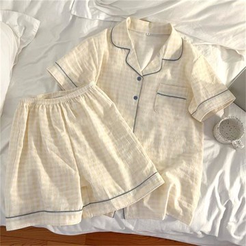 『格子控！』日系甜美網紅風睡衣女純棉綢棉紗短袖夏季薄款家居服