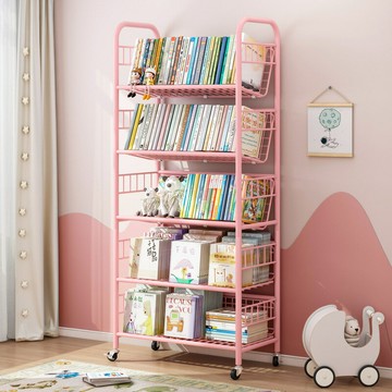 免運附發票  簡易書架鐵藝帶輪小型收納架一體家用書櫃可移動置物架落地