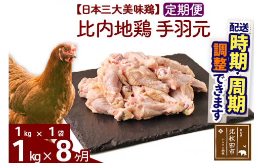 《定期便8ヶ月》 比内地鶏 手羽元 1kg（1kg×1袋）×8回 計8kg |jaat-070608