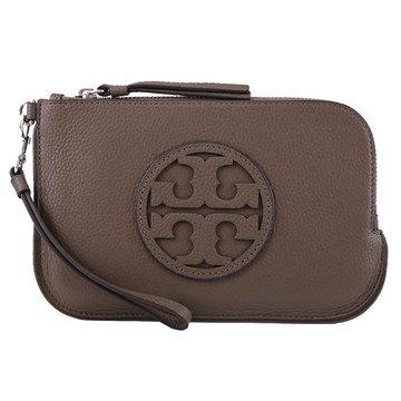 TORY BURCH 經典LOGO荔枝皮革拉鍊手拿包.灰褐色