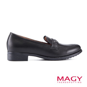 MAGY 金屬細條真皮樂福粗低跟鞋 黑色 #14792
