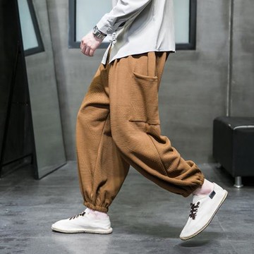 針織運動褲男高級感提花華夫格褲子春秋潮牌寬松哈倫褲束腳休閑褲