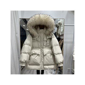 韓國2024冬季羽絨服女中長款連帽收腰大毛領小個子白鴨絨保暖外套