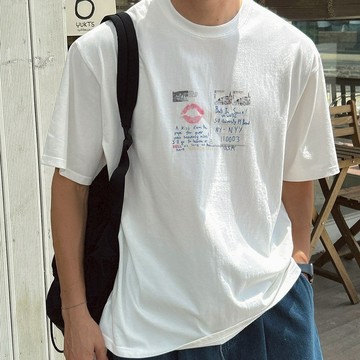 正韓Unisex 復古明信片手繪印花短袖T恤 白色 YUPPIE 預購商品 0721