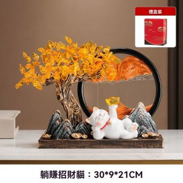 發財樹 招財進寶擺件 招財貓流沙畫 辦公室高檔擺件 喬遷開業大吉禮物 禮盒裝
