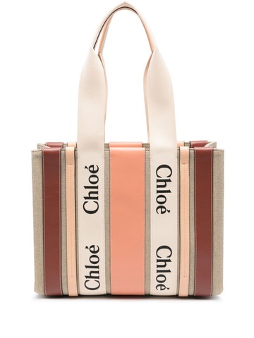 Chloé - medium Woody tote bag - women - Linen/Flax/Linen/Flax/Calf Leather - One Size - Pink