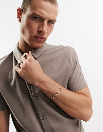 ASOS DESIGN button through jersey shirt in beige-Neutral