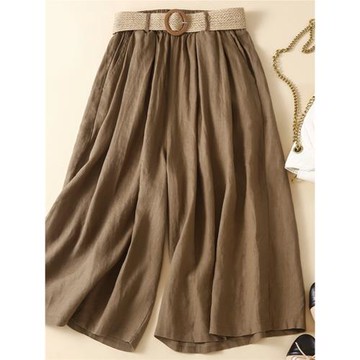 潮牌新款港式優雅棉麻寬松闊腿中褲女夏日時尚休閑收腰開叉短褲裙