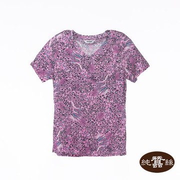 【岱妮蠶絲】純蠶絲42針110G女V領居家上衣-UWL3A301RX(粉紫豹紋)