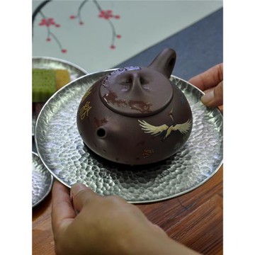 匠人手工錘紋純錫茶盤日式錫盤果盤承壺托壺承干泡臺壺墊茶托999