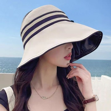 台灣熱賣遮陽帽子女夏季休閒透氣空頂帽黑膠三條紋防紫外綫大簷遮臉太陽帽-L1001 VD4Q