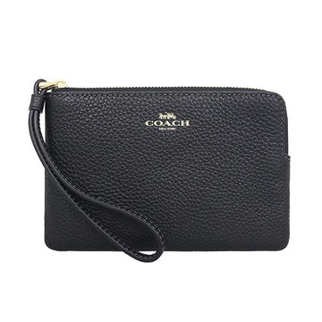 COACH 經典LOGO素面皮革系列拉鍊手拿包零錢包 黑色深棕內裡(大荔紋) CP483 IMBLK