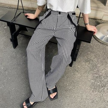 韓國ins復古千鳥格紋休閑闊腿褲男時尚潮寬松西褲拖地長褲發型師