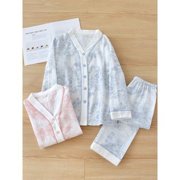 水墨印花睡衣女春秋季v領家居服純棉紗套裝2025年新款長袖高級感