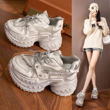 內增高老爹鞋女2025春季新款真皮百搭爆款透氣休閑運動厚底小白鞋