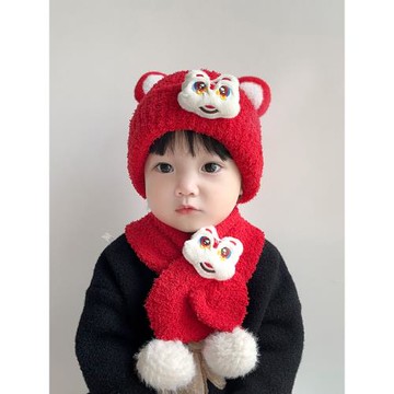 紅色寶寶新年帽子冬季喜慶醒獅毛絨帽圍巾二件套秋冬嬰兒童毛線帽