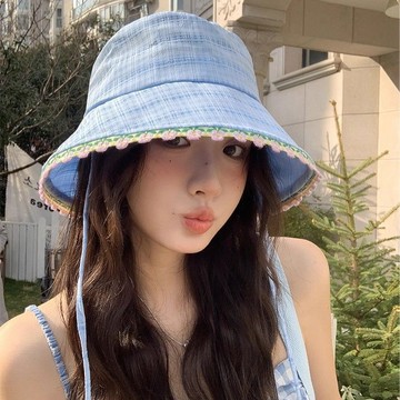 爆款直降價 帽子 漁夫帽 草帽 編織帽 海灘帽 甜美碎花邊藍色漁夫帽女夏季大帽檐水桶帽顯臉小可摺疊