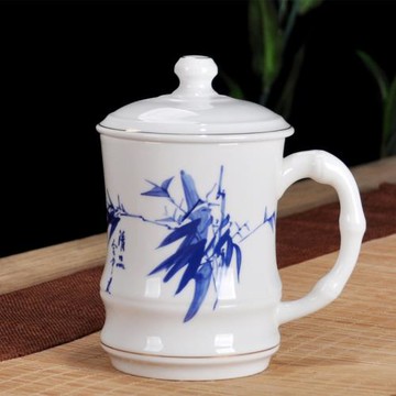 青花瓷帶蓋陶瓷辦公會議室水杯德化玉瓷大號喝水杯子批發可印LOGO