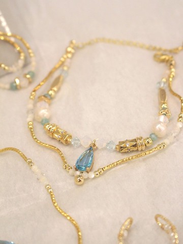 湖中幻象人。MUCHAT手作14KGP施華洛水晶貝殼波浪腳鍊