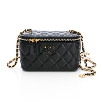 CHANEL香奈兒 經典菱格紋羊皮鏈條化妝盒單肩包(黑金)