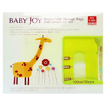 BABY JOY 站立式抗菌母乳儲存袋 100ml 30入 三層印刷設計 雙壓條夾鏈式封口 可直立冷凍保存  1盒