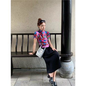 褶皺高領T恤  民族風復古印花短袖t恤優雅氣質新款顯瘦褶皺上衣女