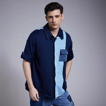 手工機能丹寧拼接率性Polo棉衫